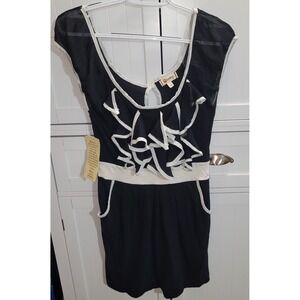 Olsenboye JCPenney Black White Ruffle Mini Dress Sheer Cap Sleeve Pockets S NWT